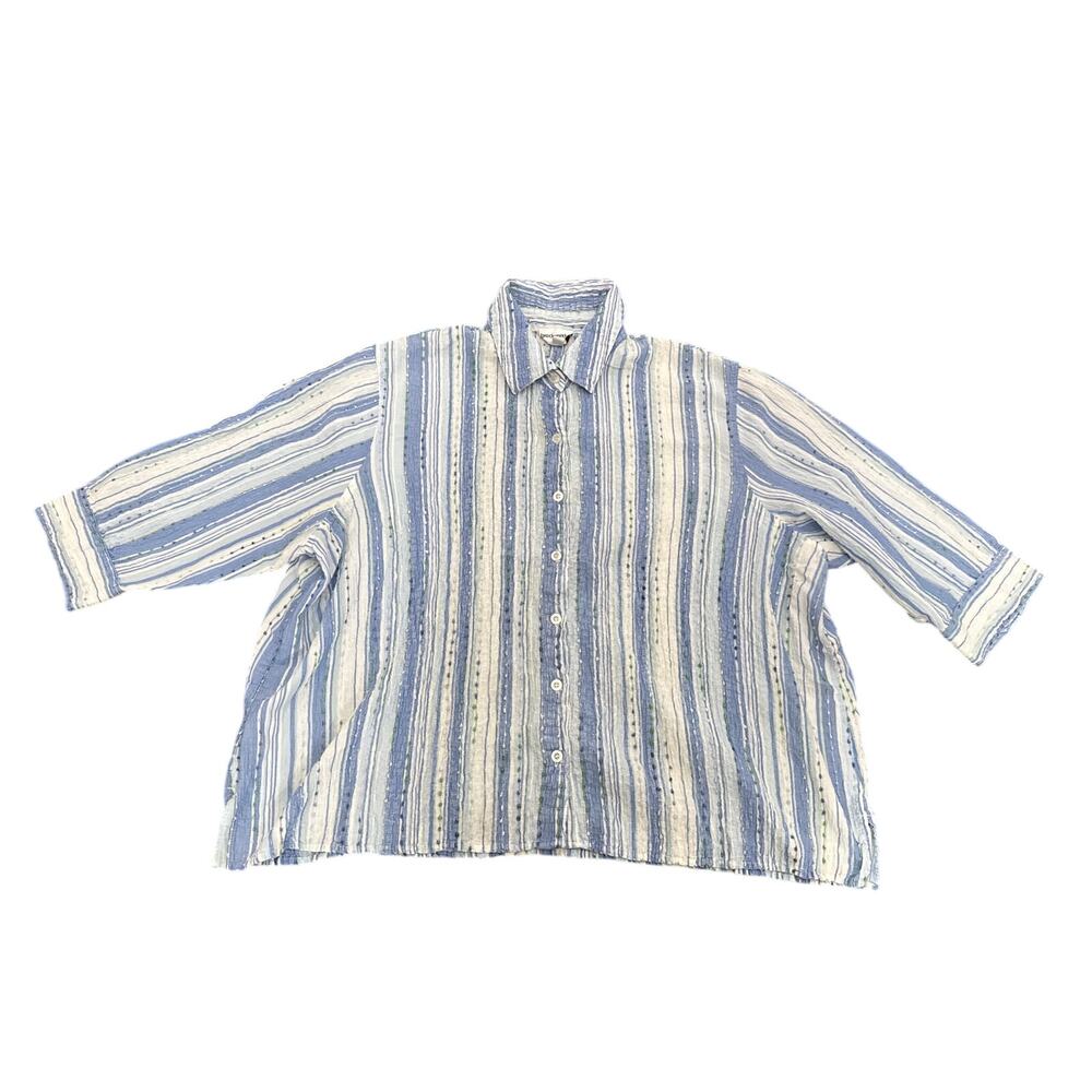 Breckenridge Womens Sz 2X Long Sleeve Button Up 3/4 Sleeve Shirt Blue White